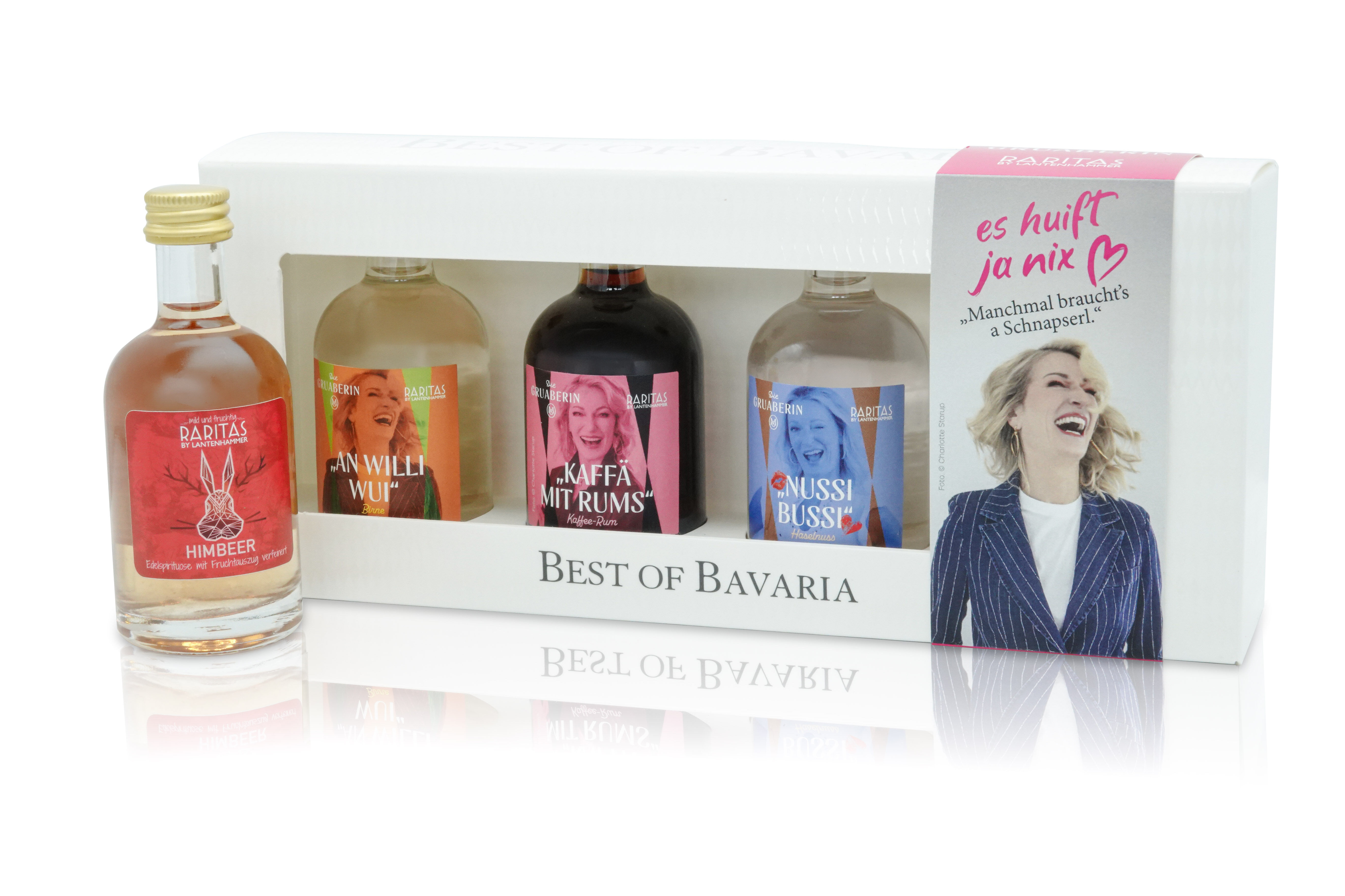 Best of Bavaria- Die Gruaberin x RARITAS bestückt mit Nussi Bussi 32%, An Willi wui 32%, Kaffä mit Rums 25% und RARITAS Himbeerspirituose 32%