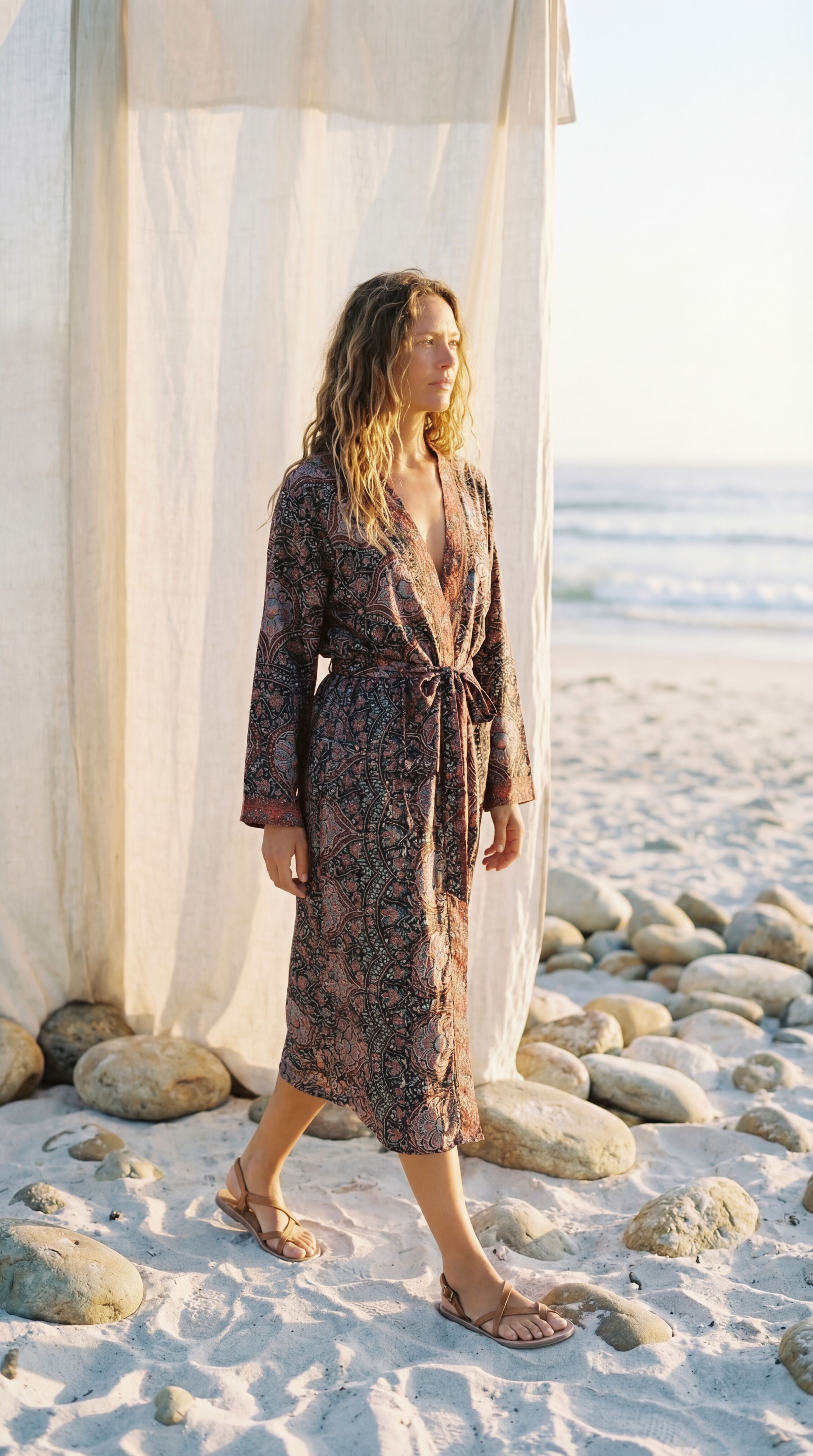 Maxi Silk Robe with Belt - Long Sleeve Paisley Kimono