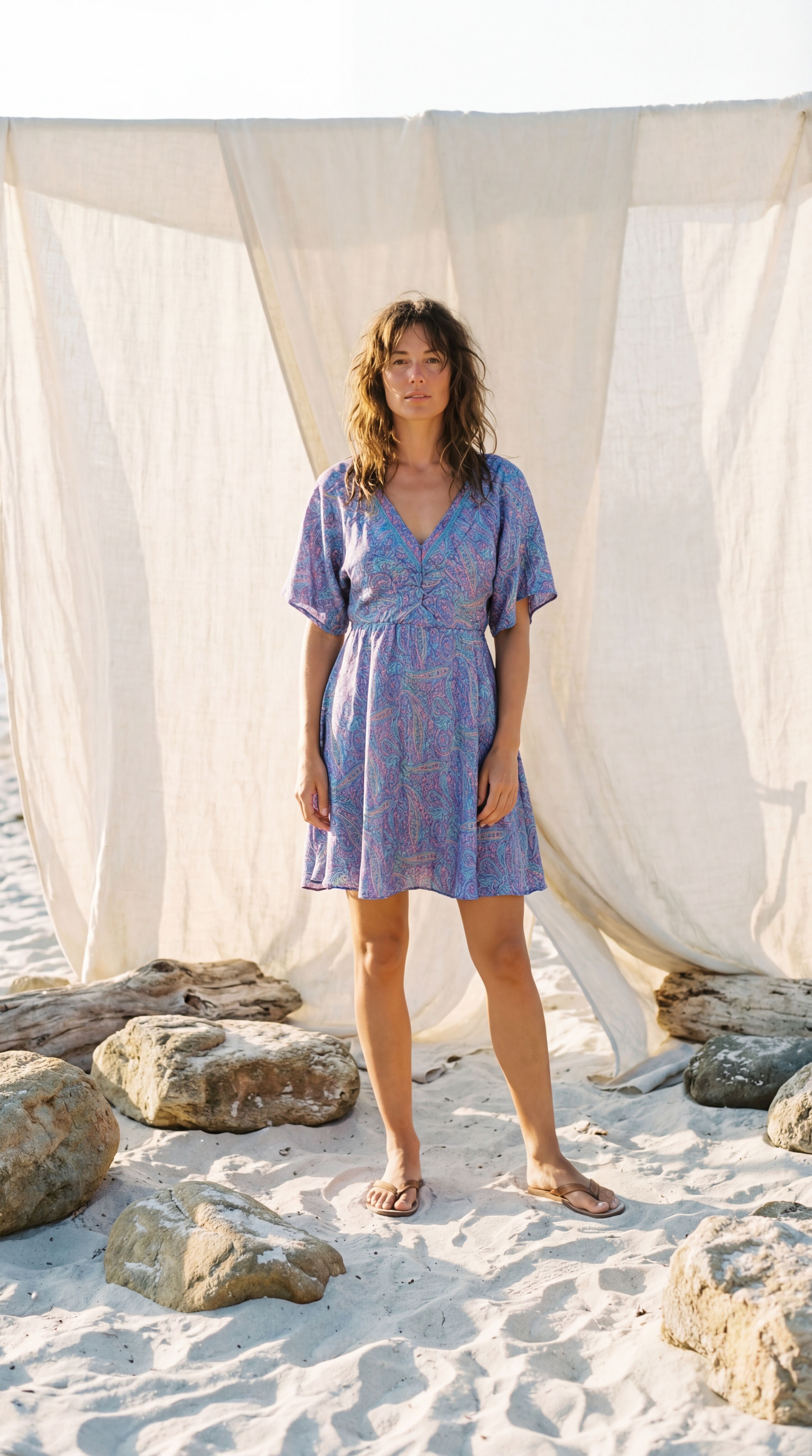 Silk V-Neck Mini Dress - Boho Blue Paisley Sundress