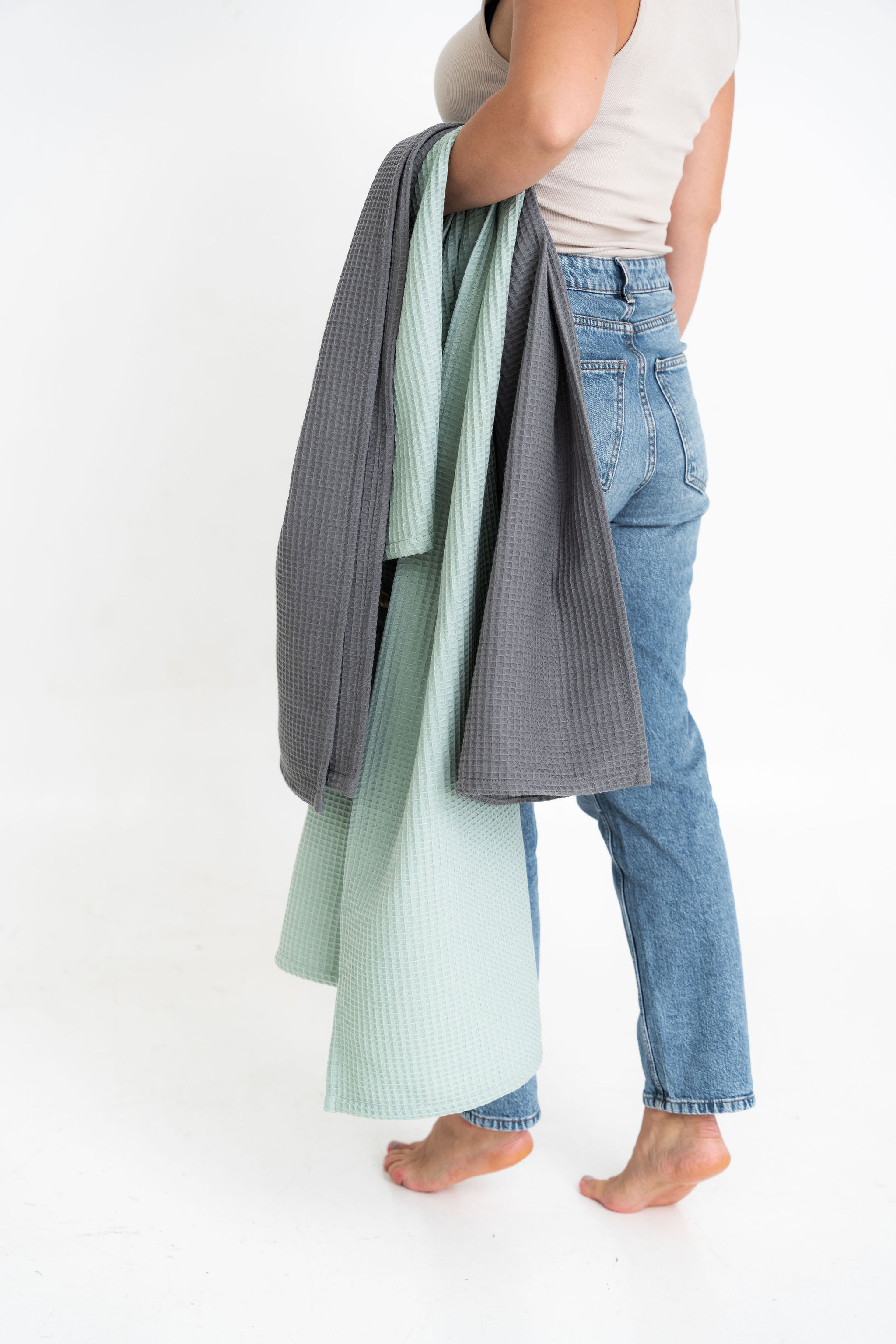 Sage green bath waffle towel - good absorbent and quick dray, 140x80cm cotton towel