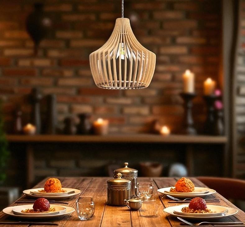 Handmade Wooden Pendant Lamp – Rustic Bell Design – Warm Interior Lighting