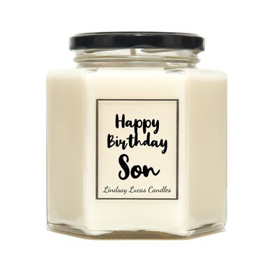 Vela perfumada de encargo del hijo / de la hija del feliz cumpleaños, velas personalizadas de la soja vegana