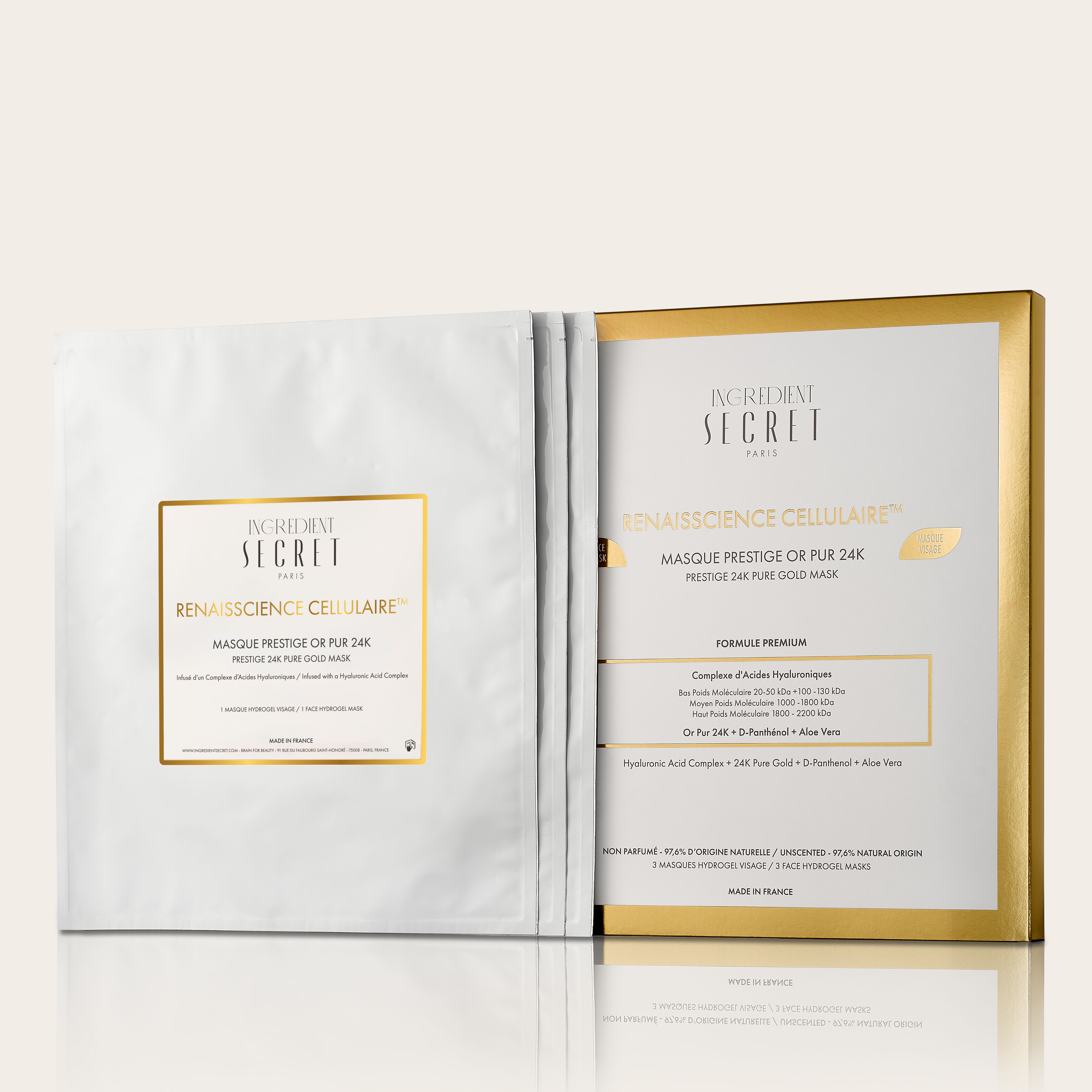 Mascarilla facial de hidrogel Prestige con oro puro de 24 quilates – Fabricada en Francia (1 caja - 3 unidades)