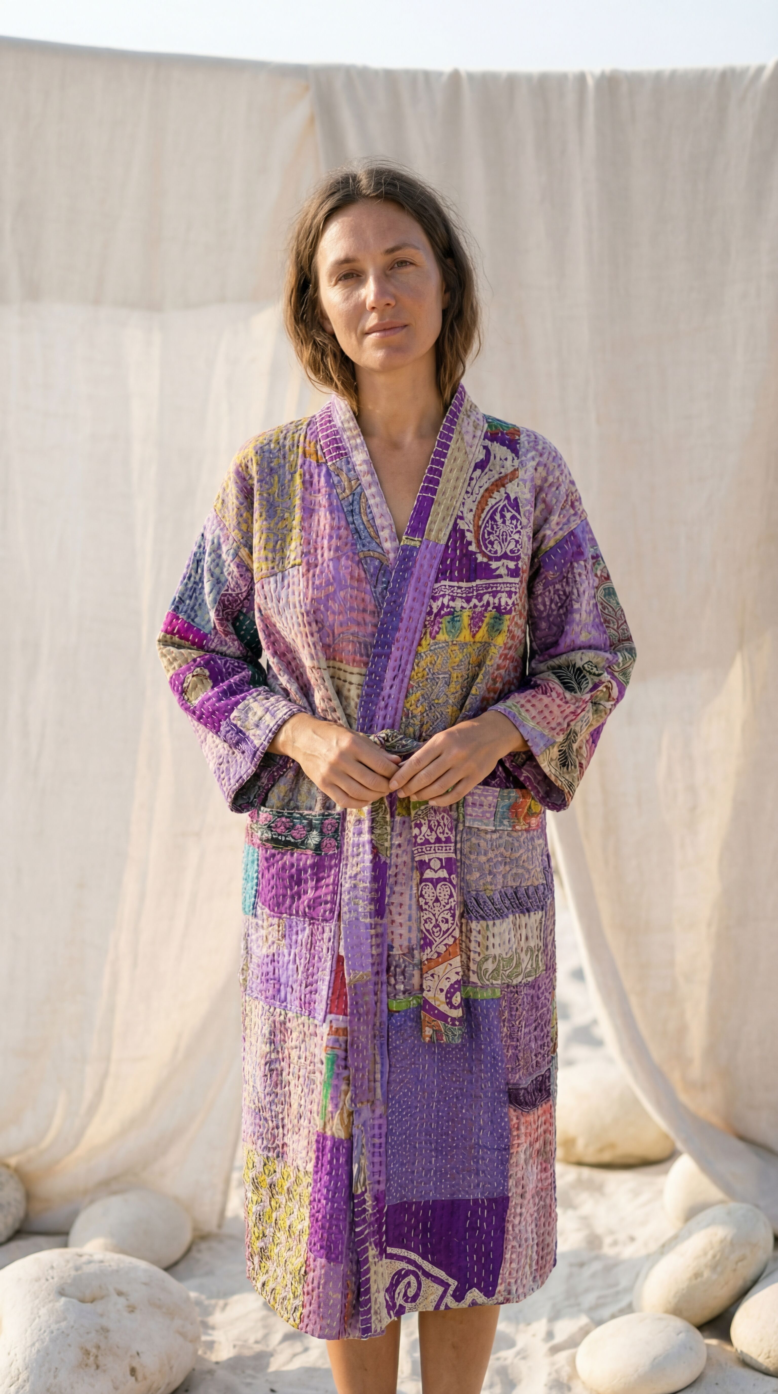 Vintage Silk Kantha Robe - Hand-Stitched Reversible Kimono