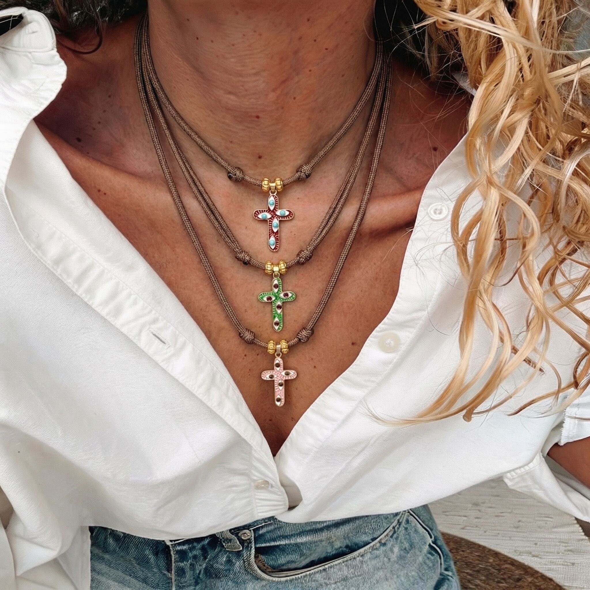 Layered Brown Cord Cross Charm Necklaces with eye detail