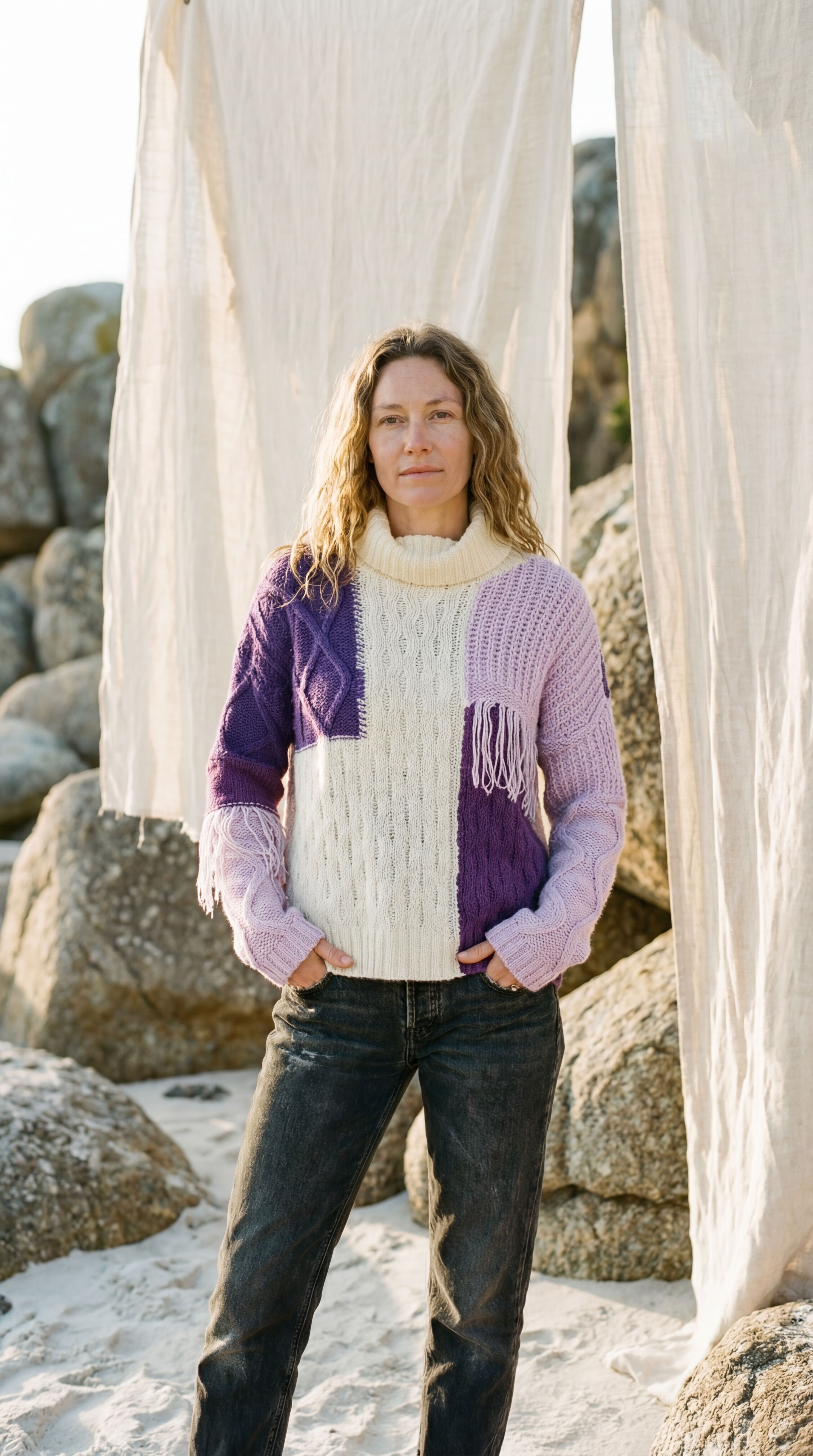 Cashmere Patchwork Jumper, Cable Knit Boho Sweater