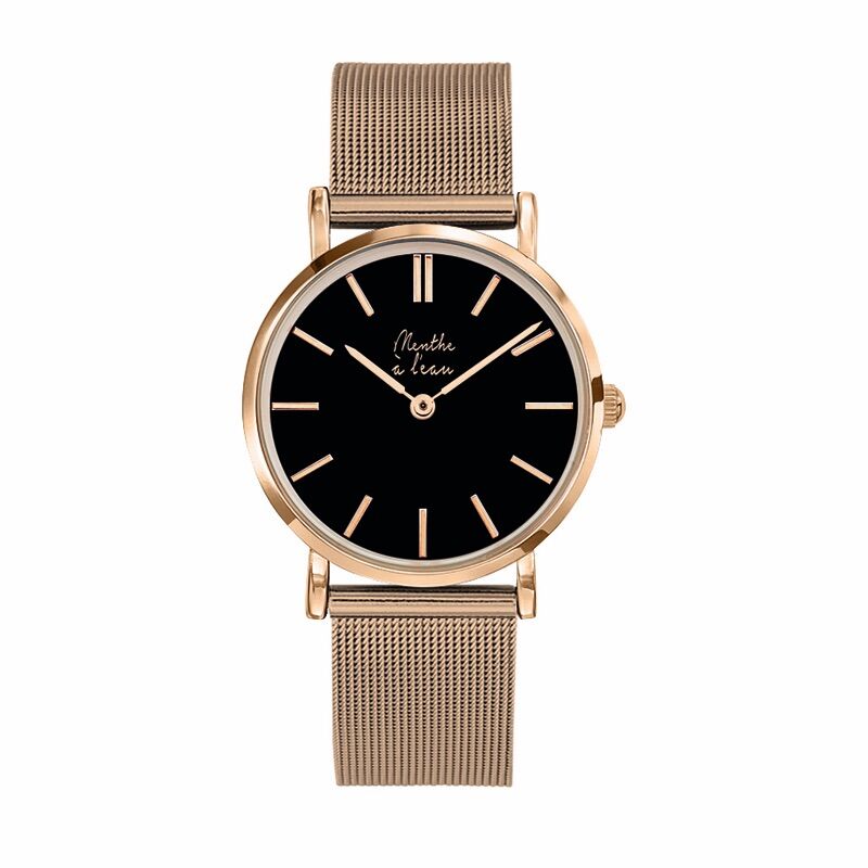 Mailänder Damenuhr mit roségoldenem Armband und schwarzem und roségoldenem Zifferblatt.