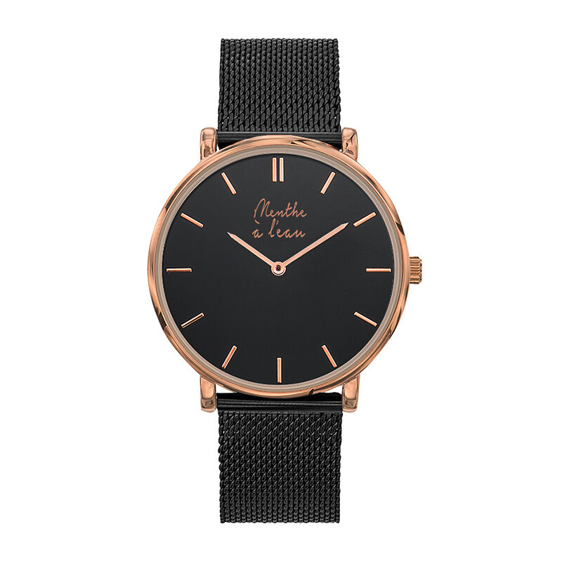 Die Indecisive Watch – Schwarzes Milanaise-Armband – Schwarzes und roségoldenes Zifferblatt
