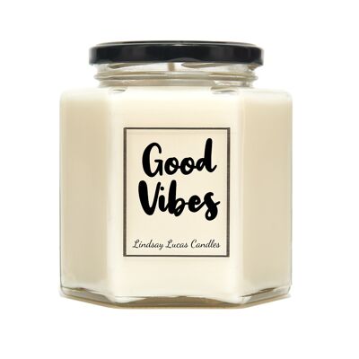 Candela profumata con citazione di positività ottimista, buone vibrazioni, candele di soia vegana