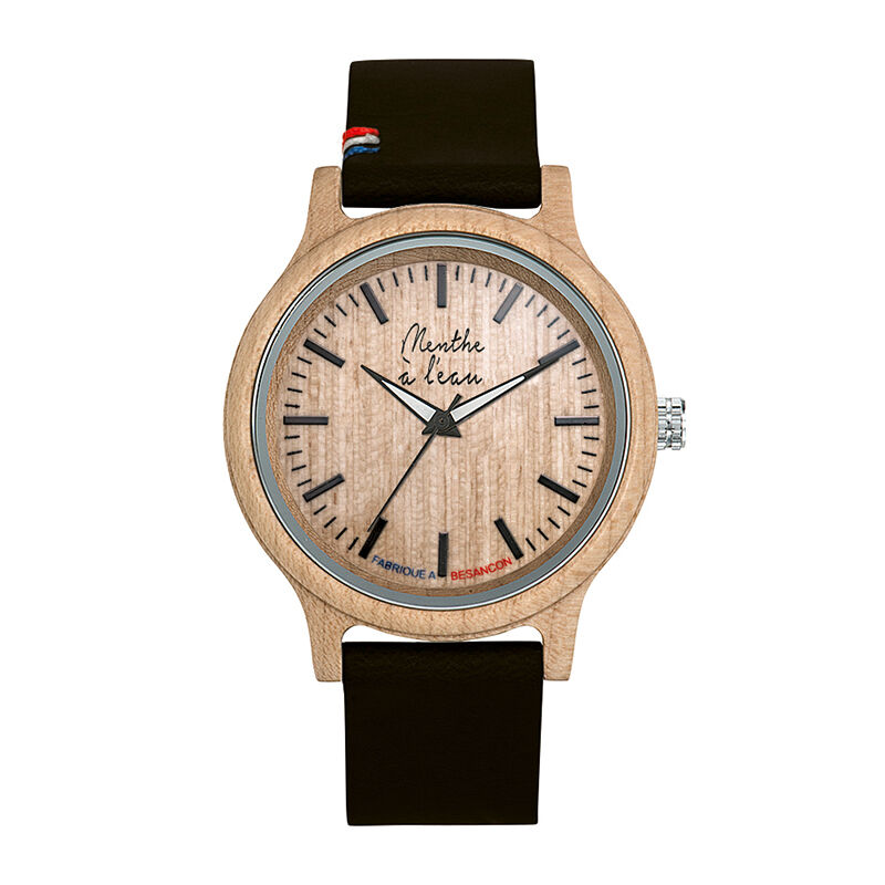 Maple-Uhr mit beigem Zifferblatt und schwarzem Rindslederarmband. Blau/Weiß/Rot