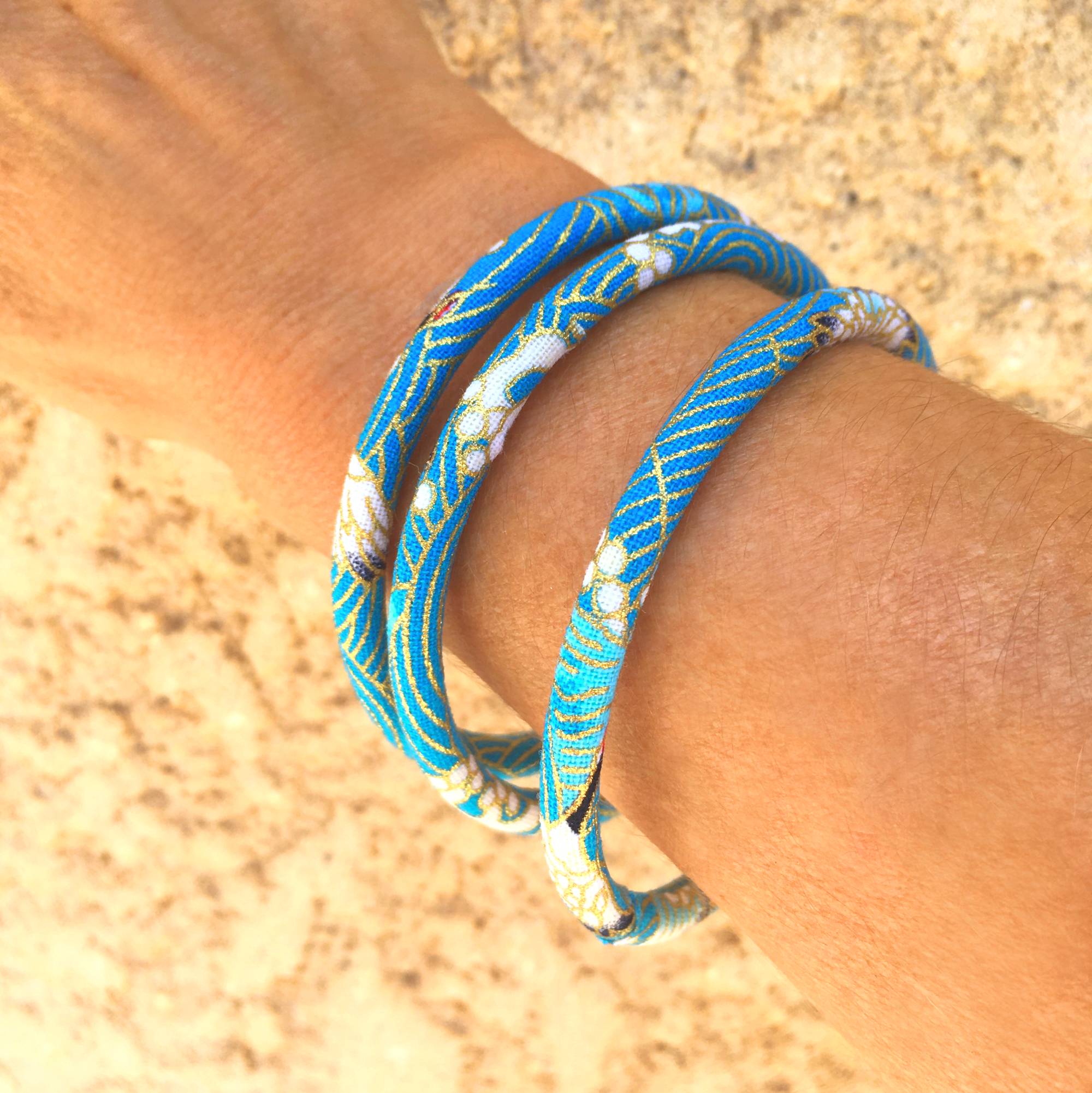 Bracelet Jonc Japonais Grues & Seigaiha turquoise doré