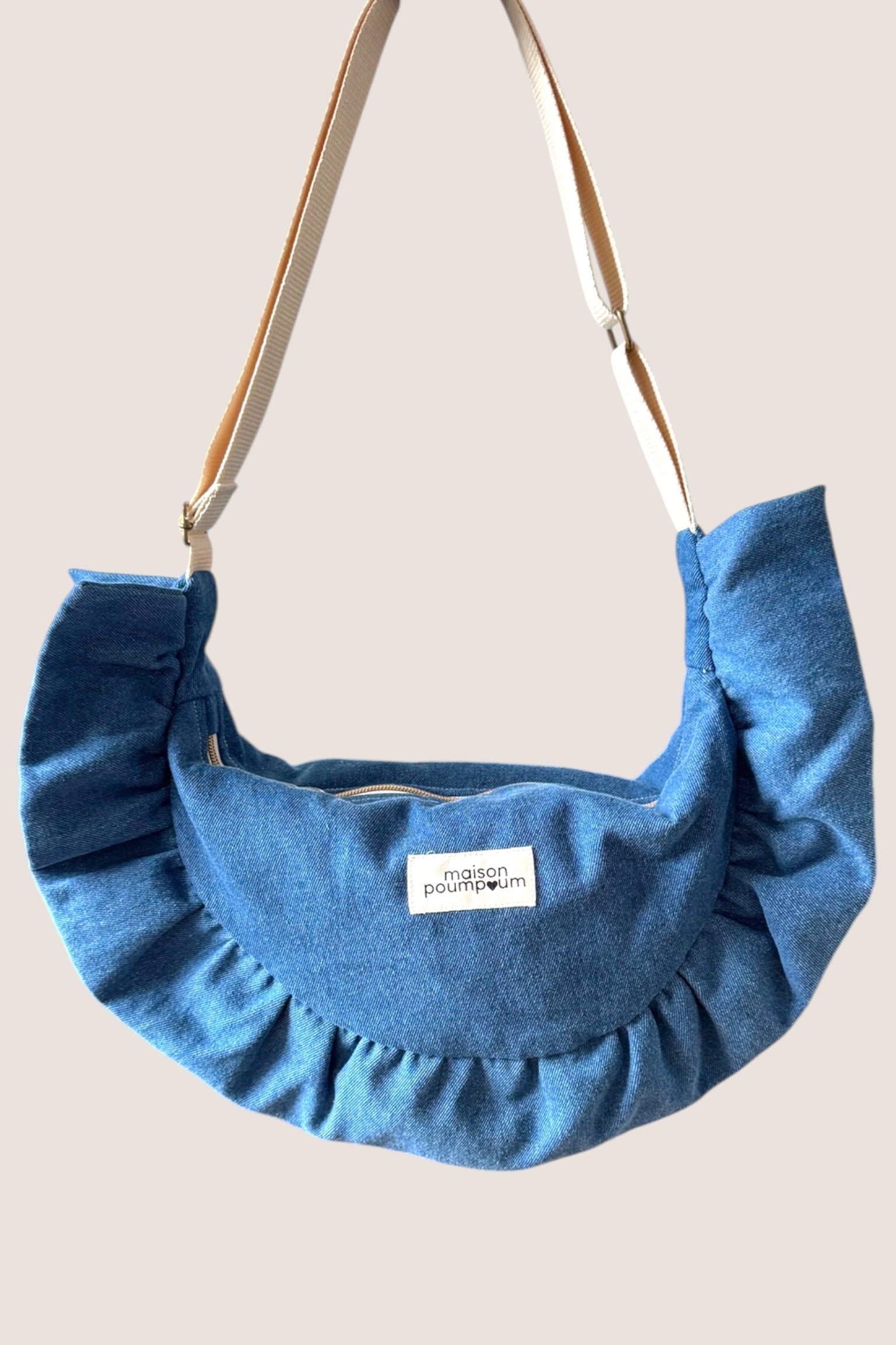 Sac Demi Lune à froufrous - Jean brut - Maison Poumpoum