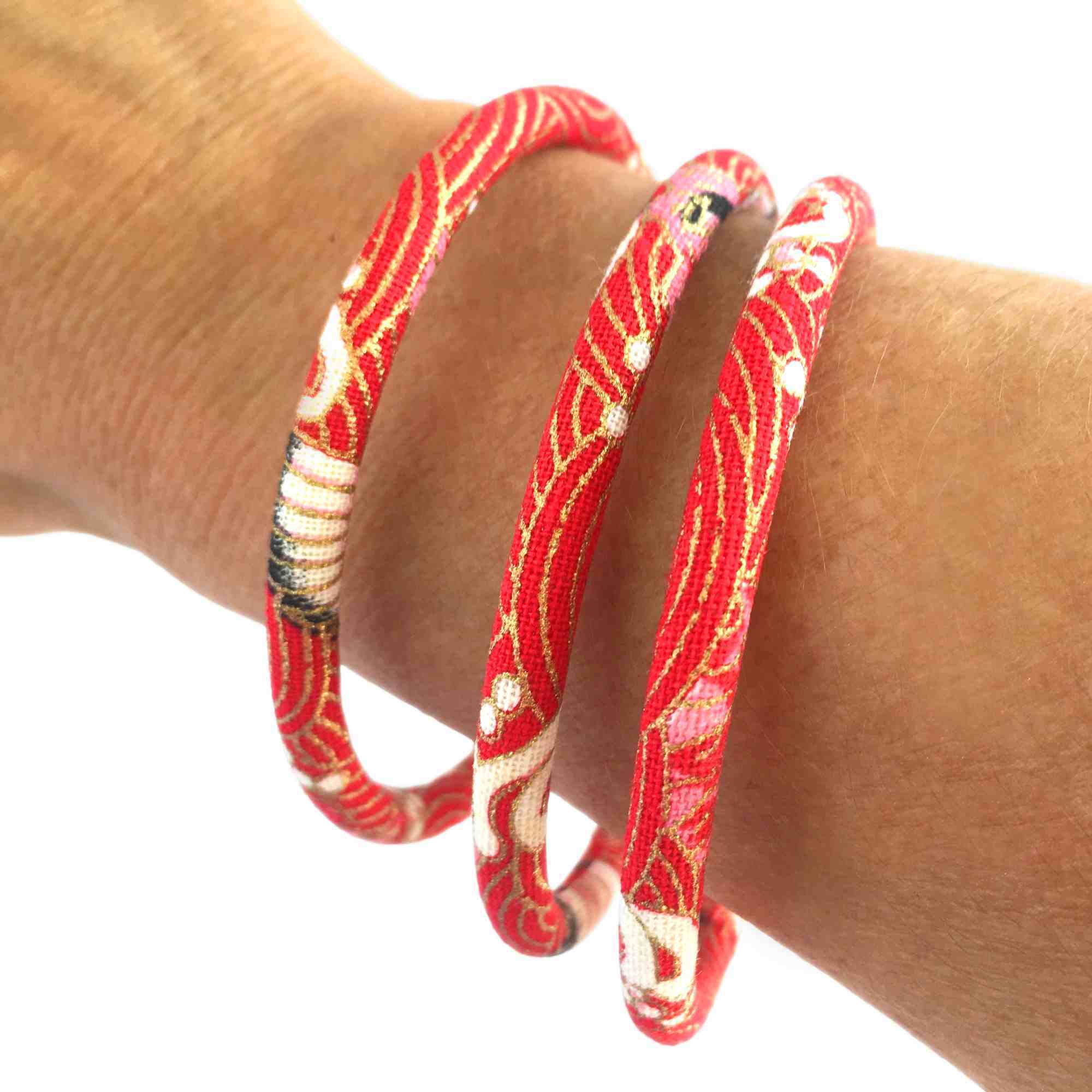 Japanese Bangle Bracelet with Cranes & Seigaiha in Red and Gold