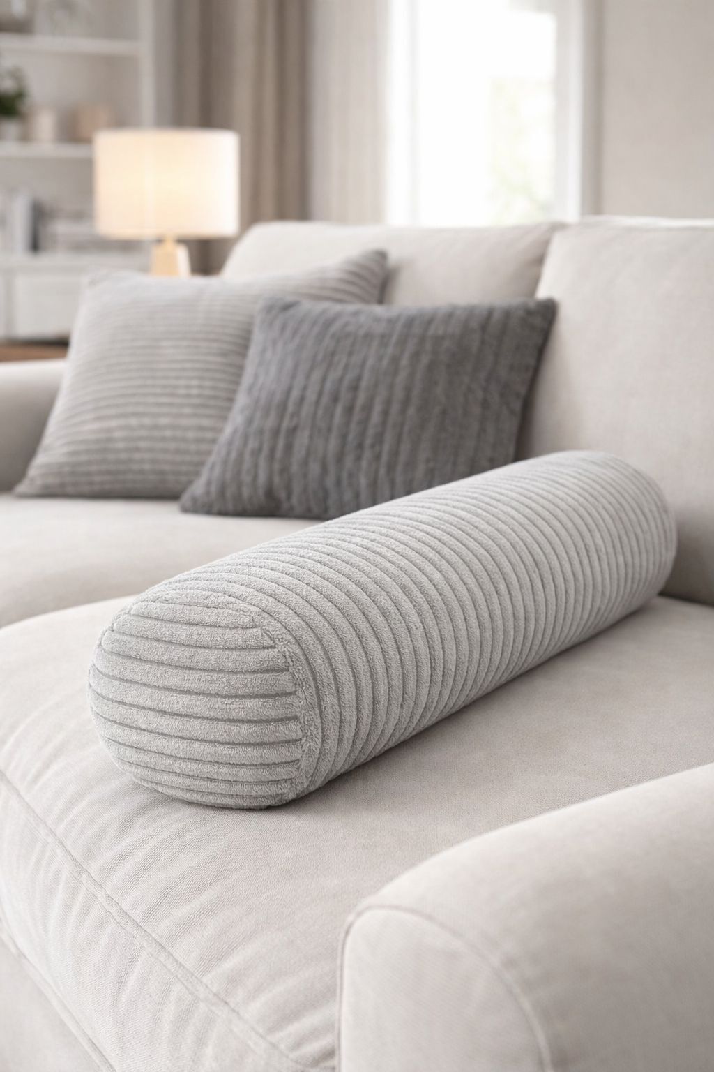Corduroy Bolster Cushion Ø15 cm – Grey Ribbed Decorative Pillow | With Filling | Handmade in Poland