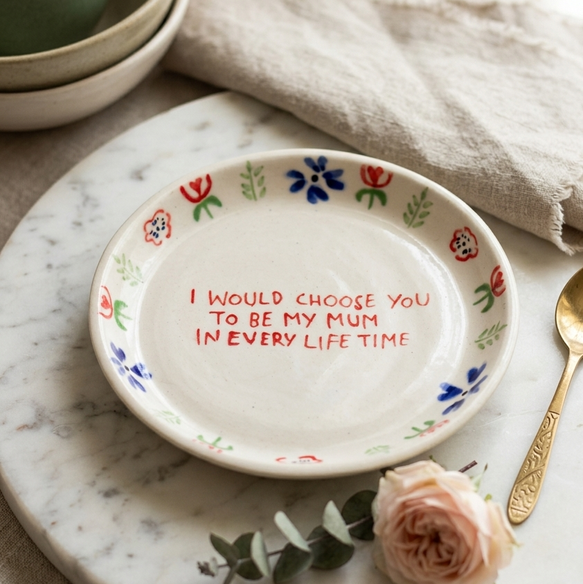 Mum Floral Design Plate – Dessert Side Plate – Glazed Ceramic – 5 Inch