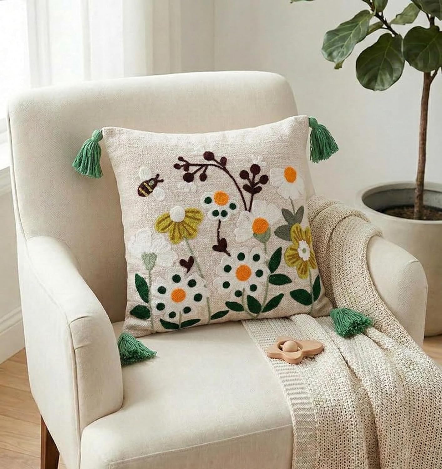 Boho Cushion Cover – Decorative Pillow Case – Embroidered Slub Cotton with Tassels – 16x16 Inch (40x40 cm)