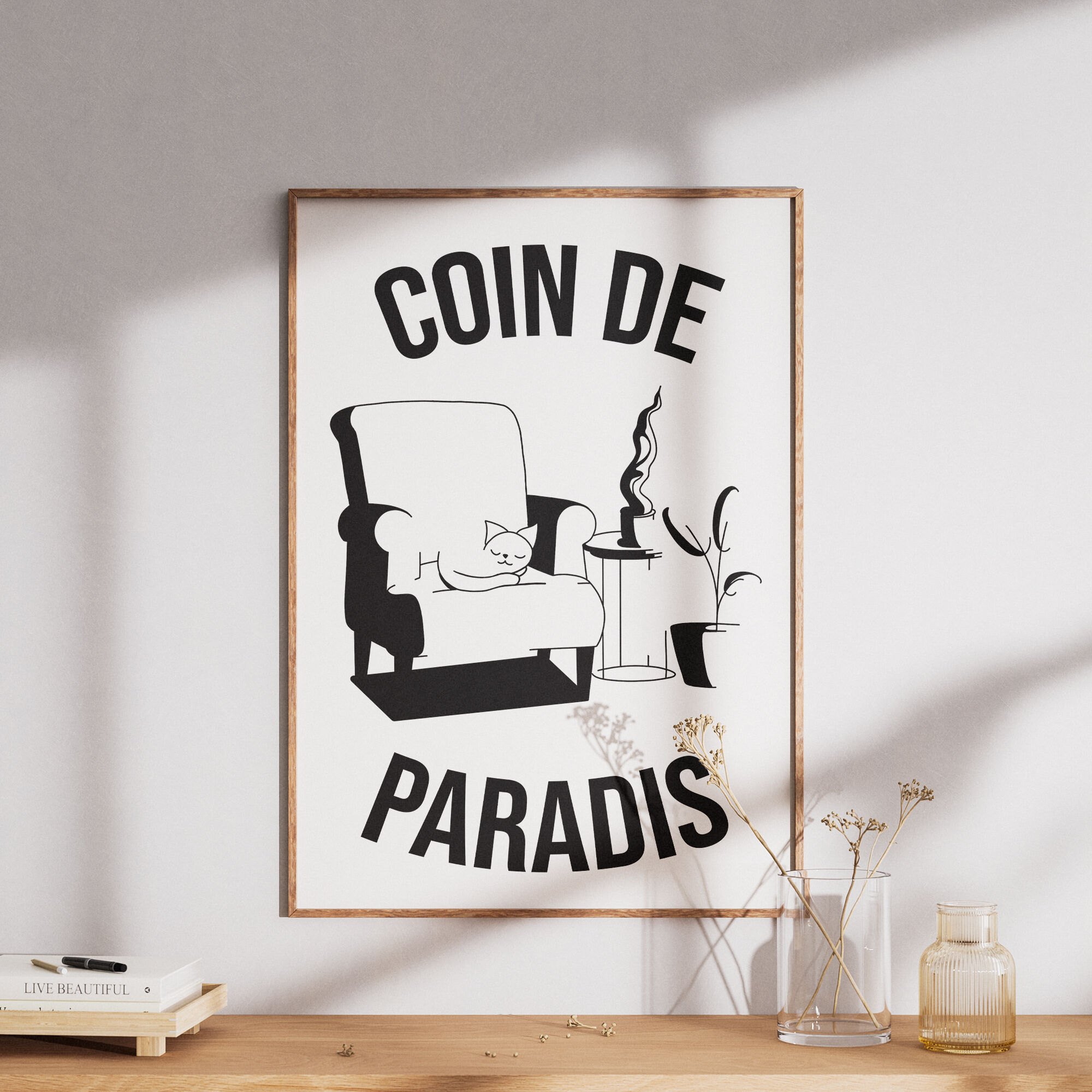 Affiche minimaliste chat illustration noir et blanc coin de paradis décoration moderne