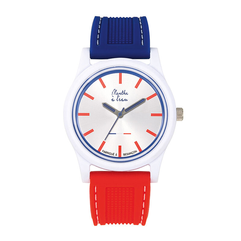 Reloj unisex La Tricolore con caja blanca y correa de silicona azul/roja.