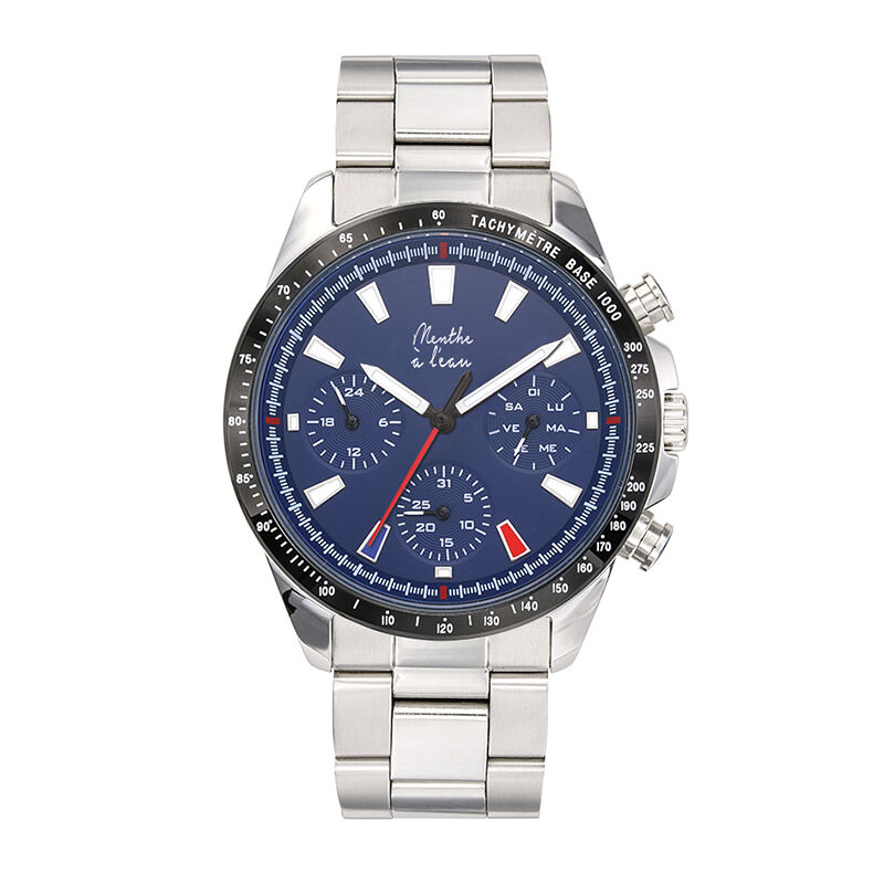 Reloj de hombre L'Équinoxe con brazalete de acero cromado y esfera azul.