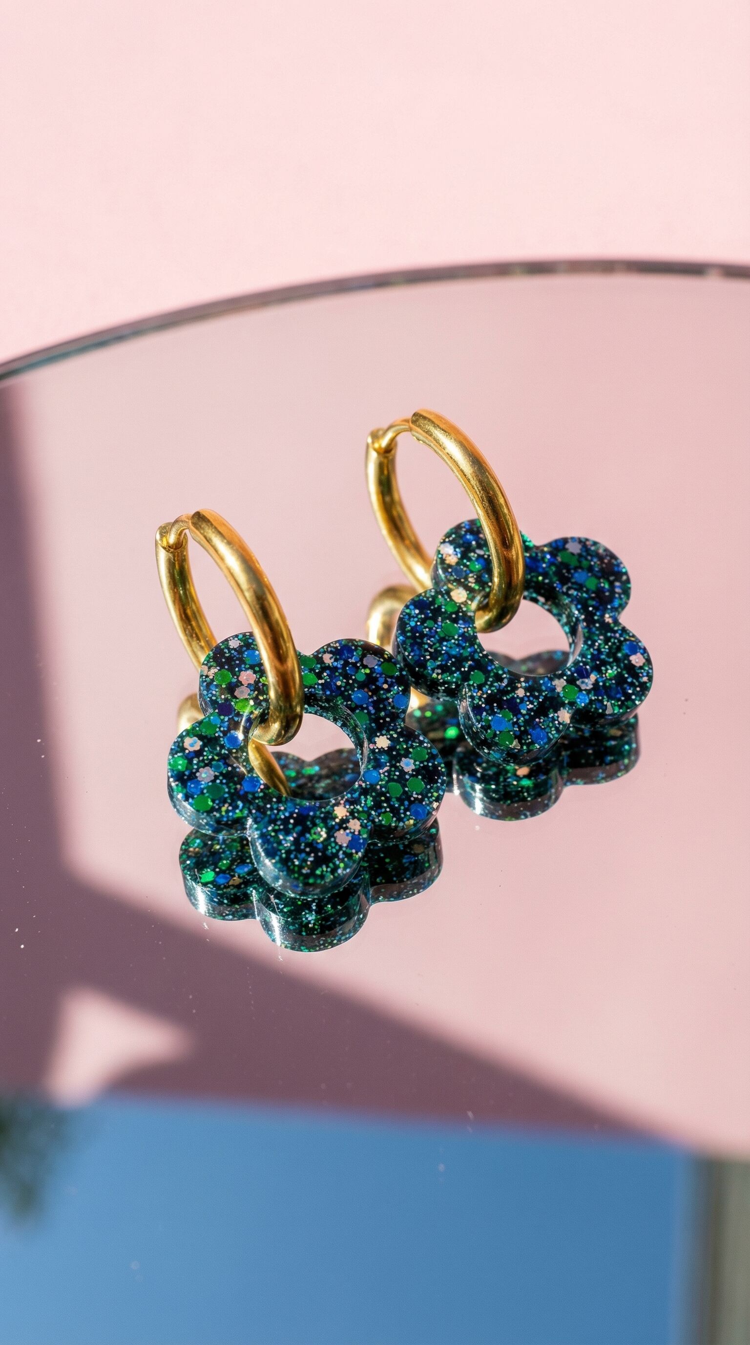 Boucles d'Oreilles Interchangeables Fleur Emeraude / Bleu