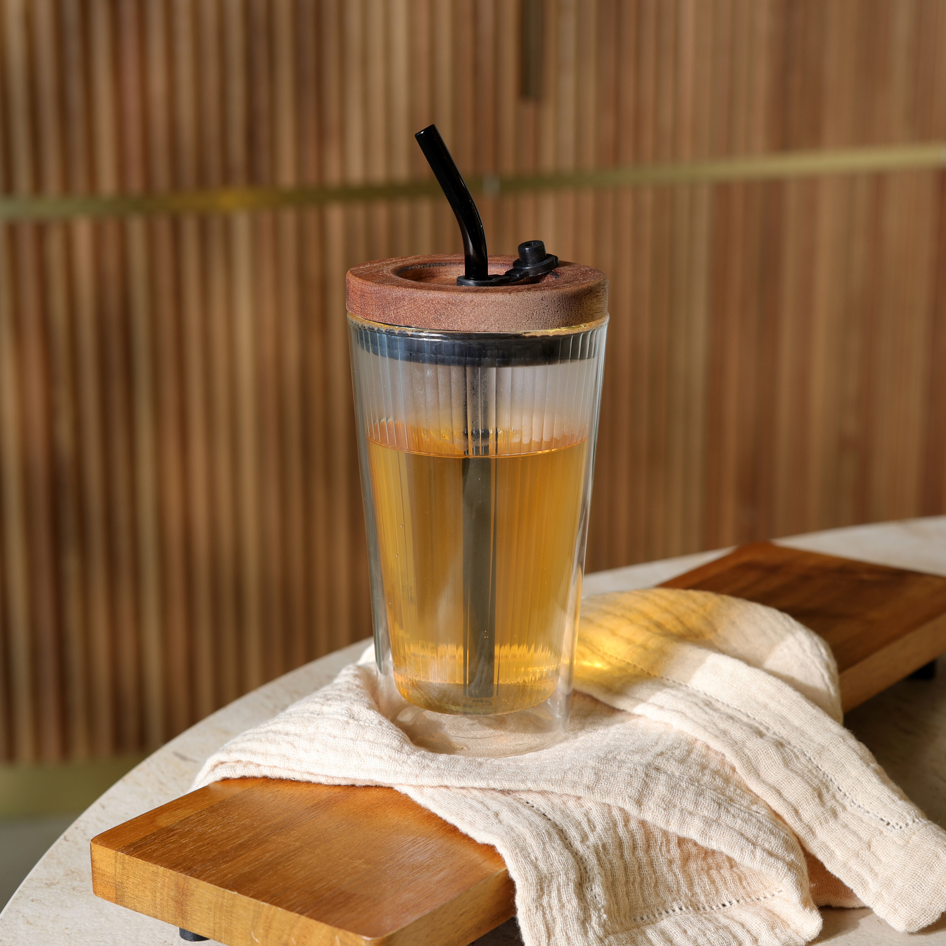 50cl glass tumbler with straw and wooden lid FUSION