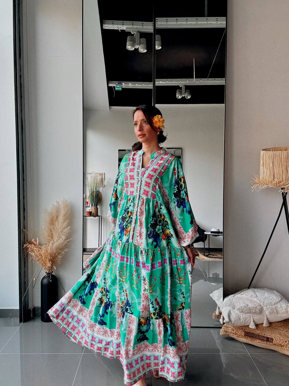 Robe Longue Bohème – Vert Imprimé Patchwork