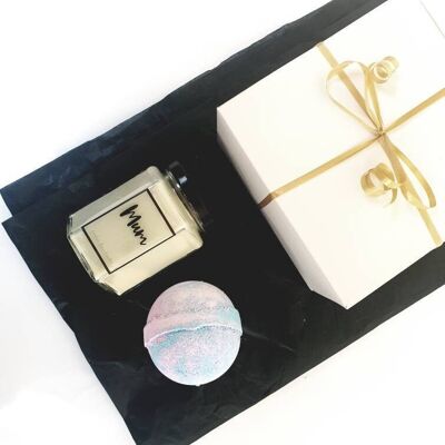 Coffret cadeau bougie parfumée et bombe de bain pour maman. Cadeau de panier de fête des mères