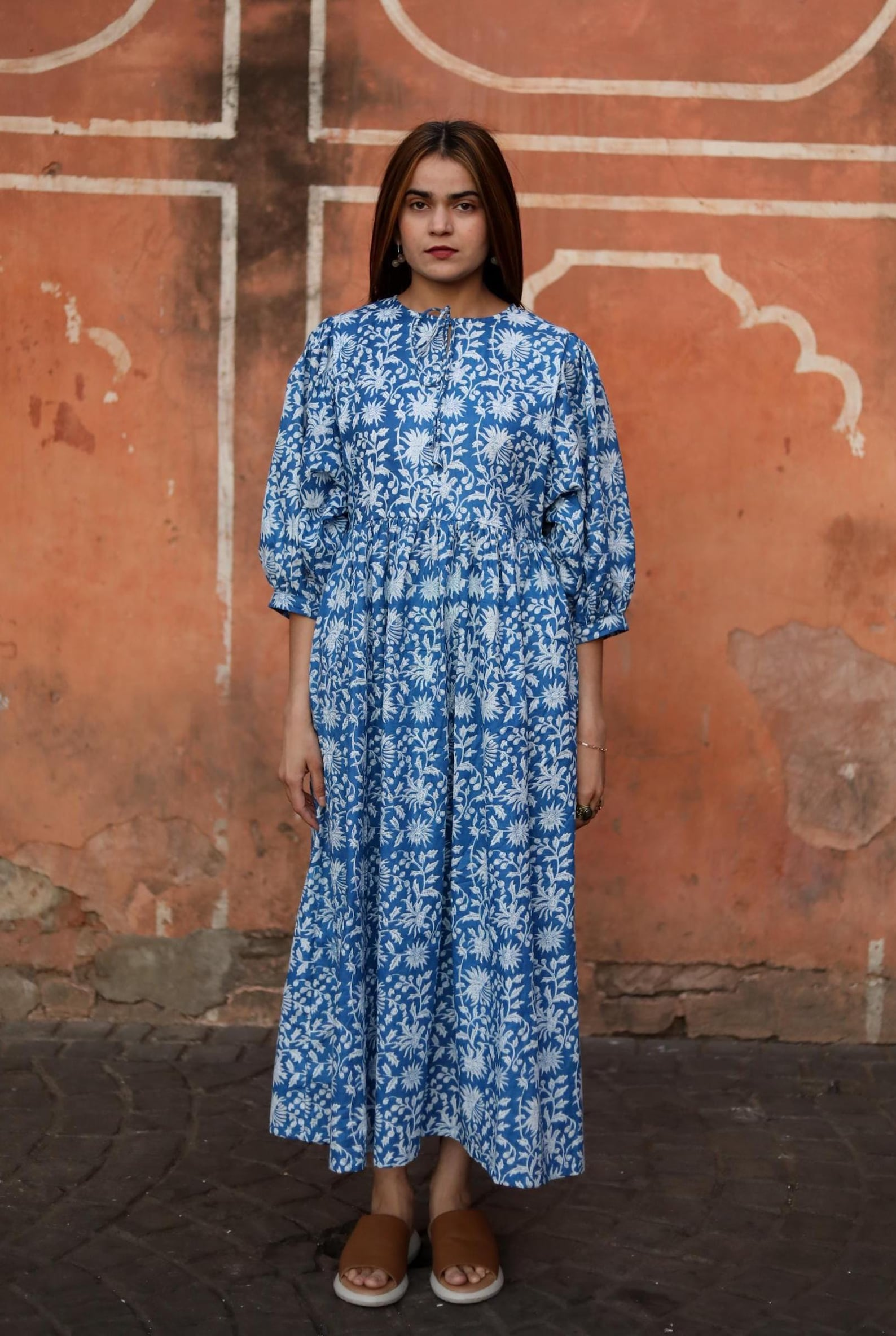 Artisan Floral Block Print Day Dress, Boho Maxi Sundress