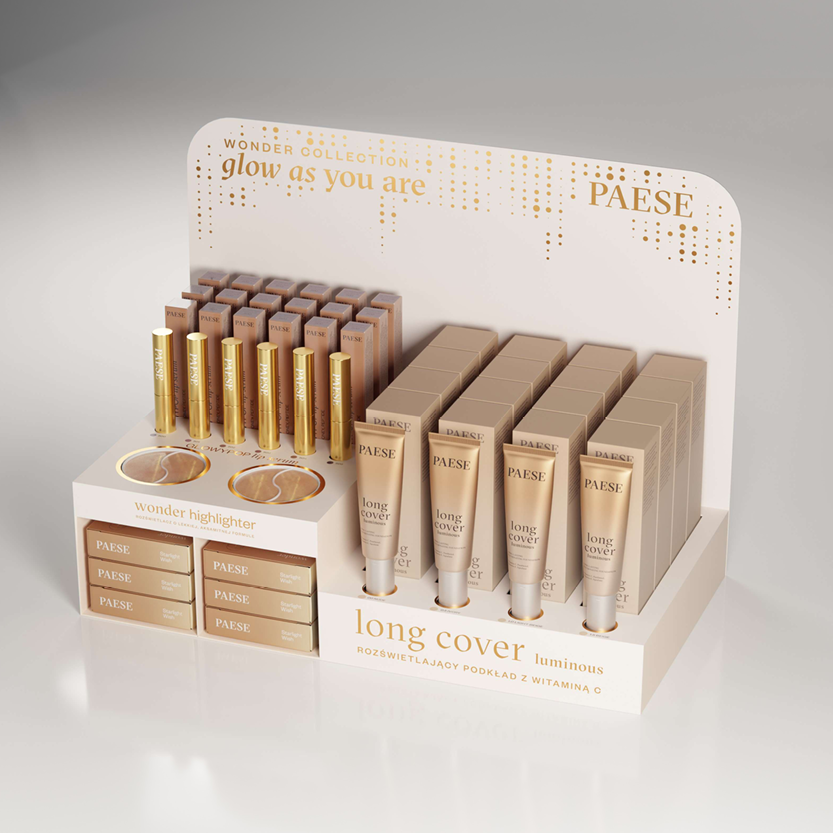 Ideale per la Festa della Mamma - Espositore per incarnato e luminosità PAESE "WONDER COLLECTION" - Edizione limitata - 40 pezzi + 12 tester - Valore al dettaglio €1126 IVA inclusa - Installazione chiavi in ​​mano (WYS218)