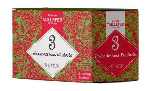 Thé noir fraise des bois, rhubarbe en sachet individuel (boite de 20 sachets)