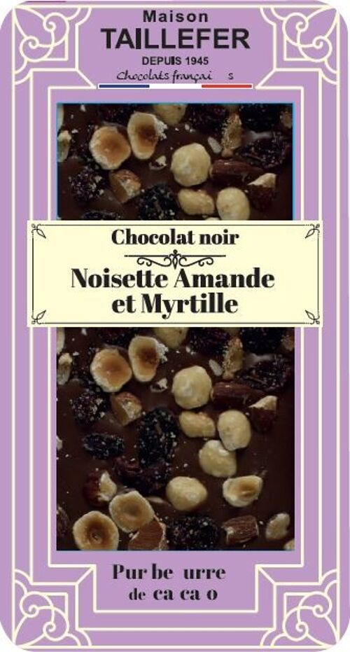 Mendiant chocolat noir, myrtilles, eclats d'amandes et de noisettes grillees 110g