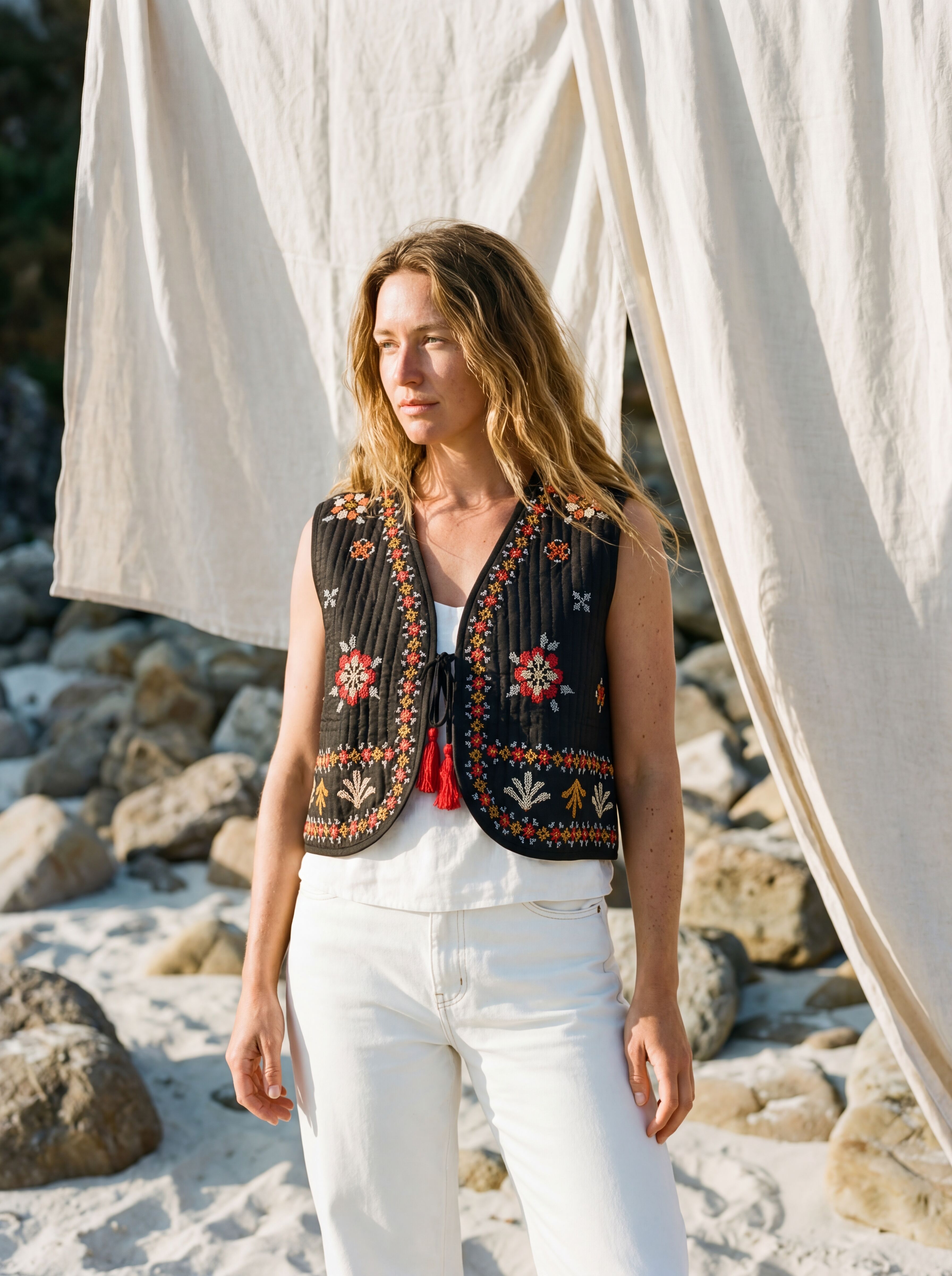 Embroidered Quilted Lina Vest, Summer Jacket, Boho Gillet
