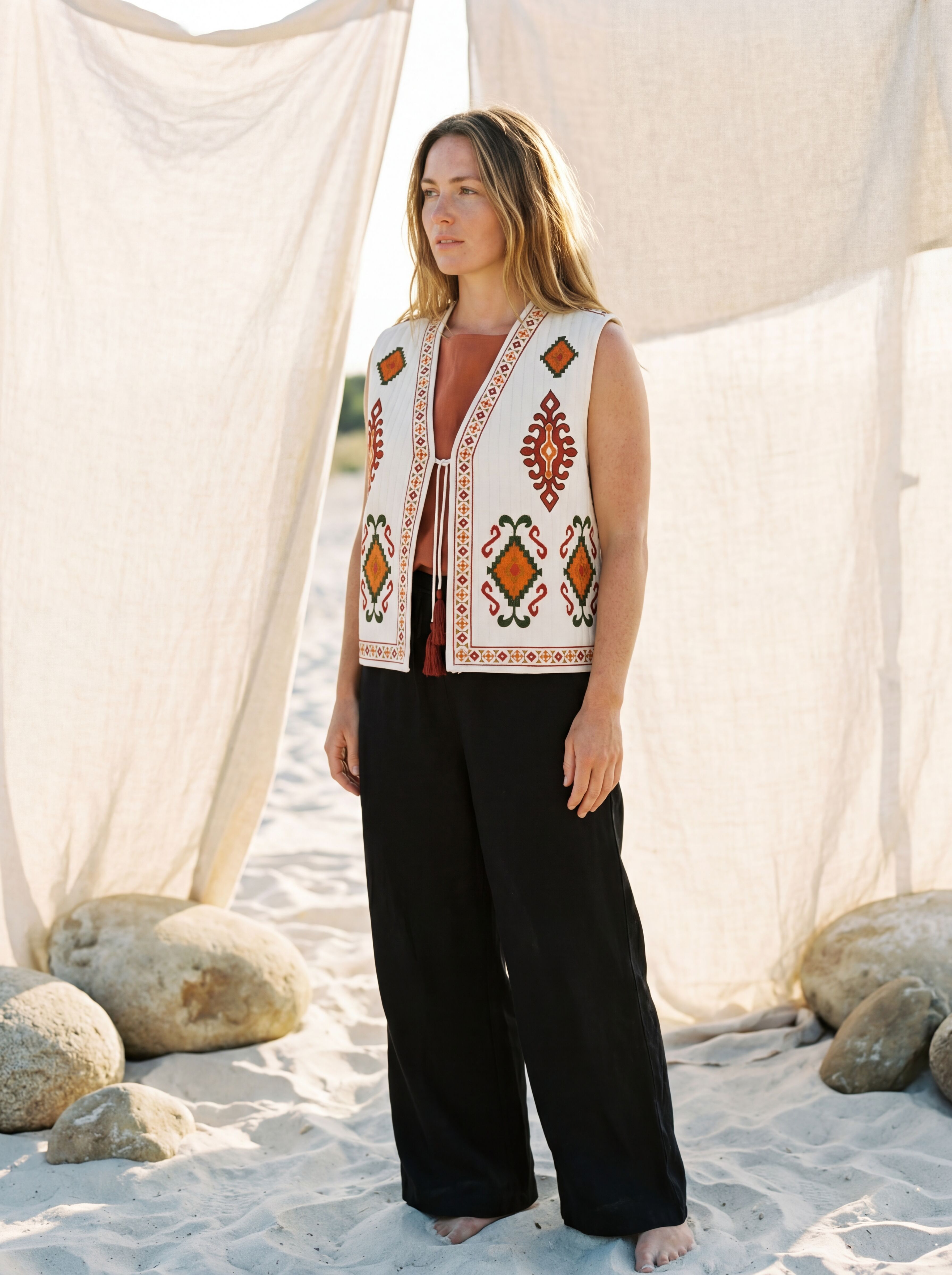 Boho Hand-Embroidered Quilted "Dara" Vest, Crop Jacket