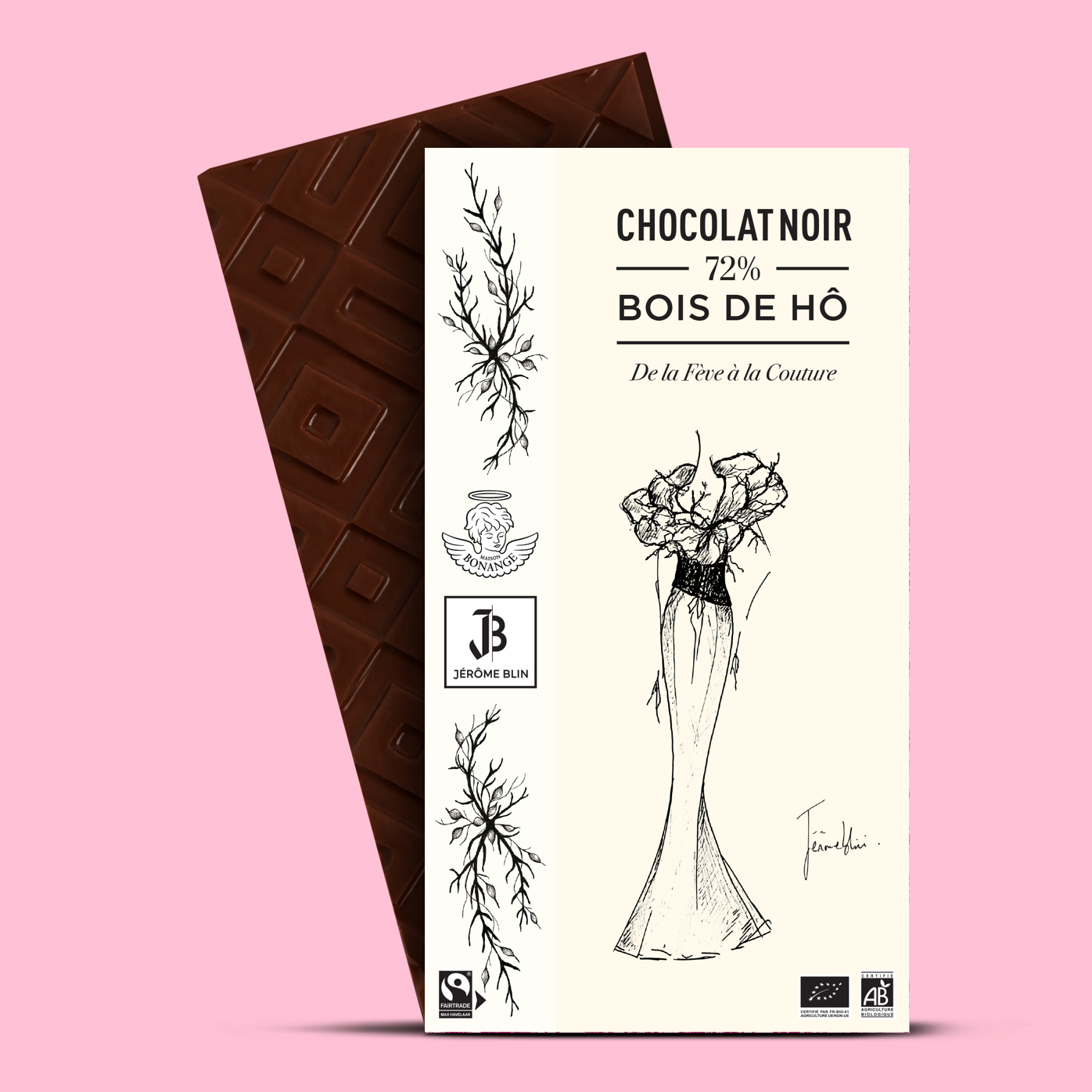 72 % Bio-Fairtrade-Zartbitterschokolade mit Ho-Holz, 80 g – in Zusammenarbeit mit dem Modedesigner Jérôme Blin
