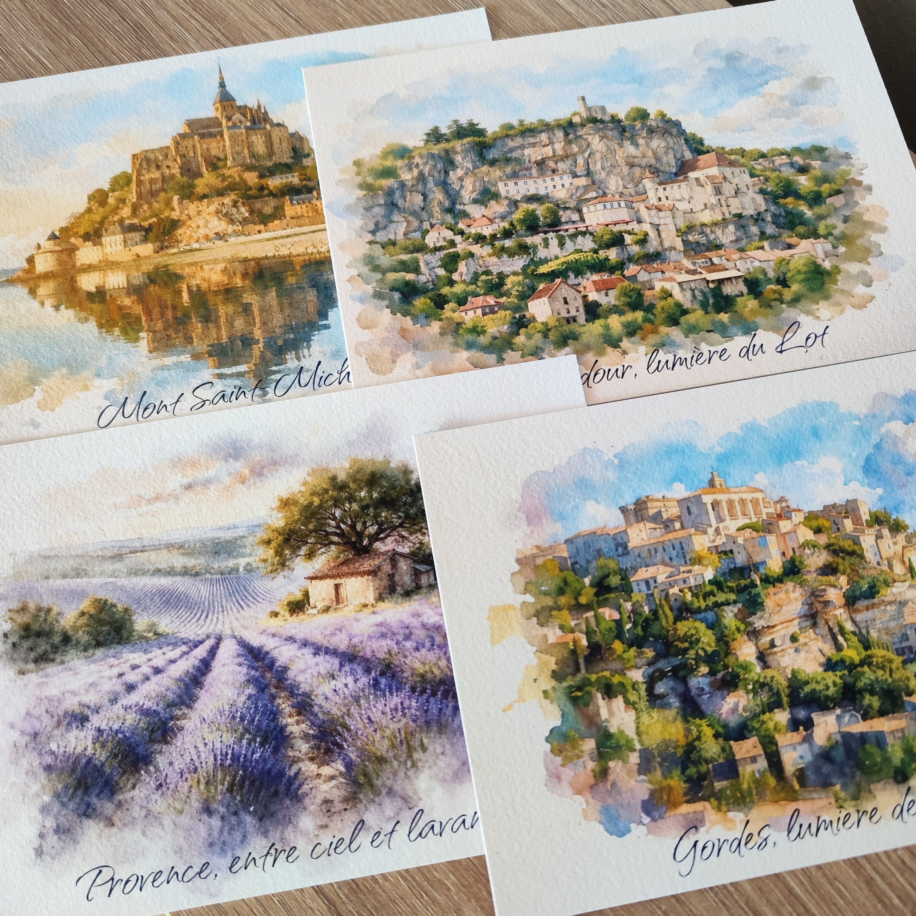 Coffret de cartes postales artistiques France Paysage 4 vues - Impressions style aquarelle Passe-partout – Affiche artistique pour boutiques de souvenirs