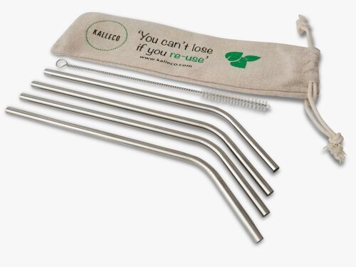 Curved Stainless Steel Metal Straws x4 Pack + Cleaner