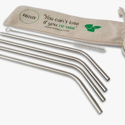Curved Stainless Steel Metal Straws x4 Pack + Cleaner