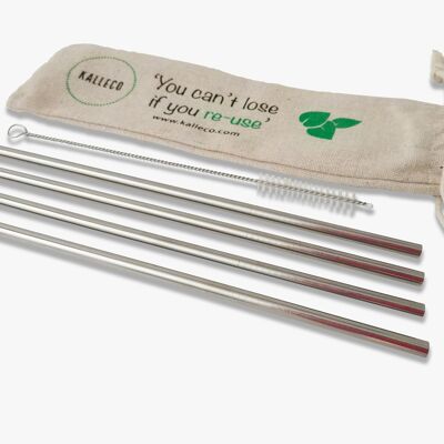 Stainless Steel Metal Straight Standard Straws x4 Pack + Cleaner