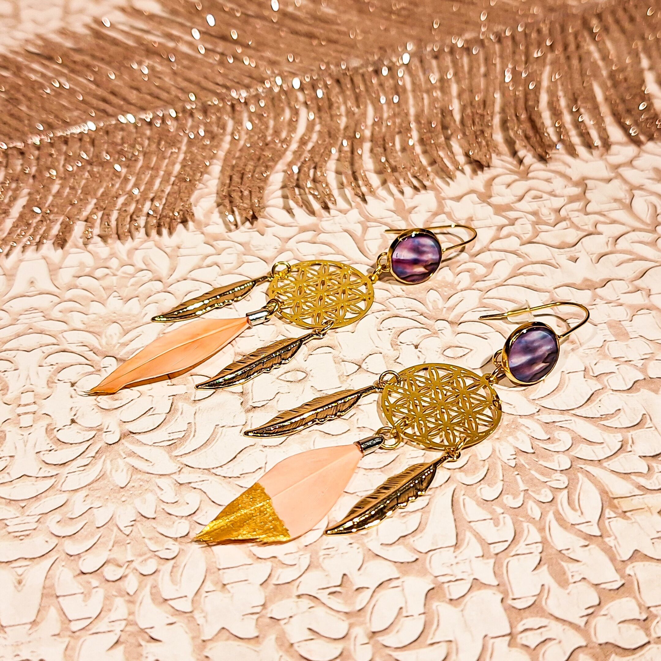 Boucles fleurs de vie plumes rose doré attrape-rêve Fête des mères Cadeau Maman Noël