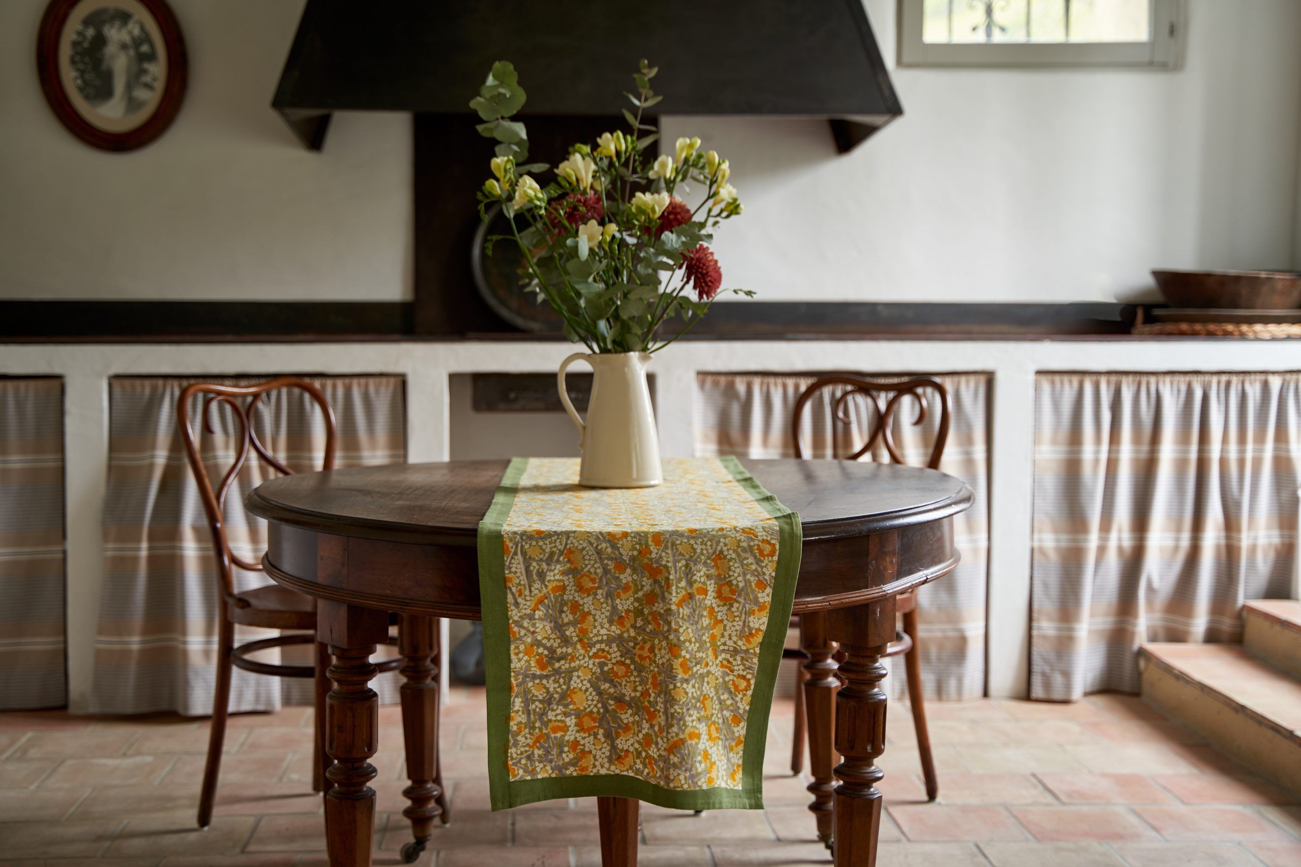 Blueberry, yellow, and green table runner