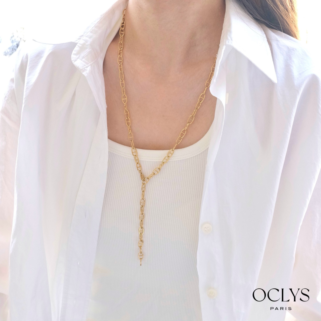 Y-necklace tie, marine mesh, gold-plated stainless steel, Rui