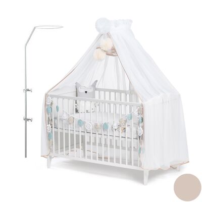 Ciel de lit bébé en moustiquaire, voile Blanc avec liseré Beige et décoration Pompons en Blanc et Beige. Livré avec support d'installation.