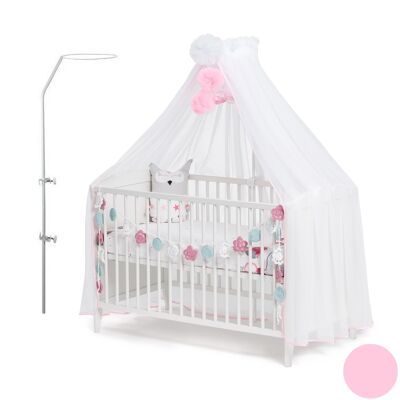 Ciel de lit bébé en moustiquaire, voile Blanc avec liseré Rose et décoration Pompons en Blanc et Rose. Livré avec support d'installation.