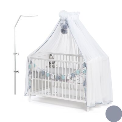 Ciel de lit bébé en moustiquaire, voile Blanc avec liseré Gris et décoration Pompons en Blanc et Gris. Livré avec support d'installation.