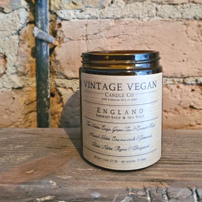 Bougie de soja végétalienne vintage à la sauge fumée et au sel de mer d'Angleterre