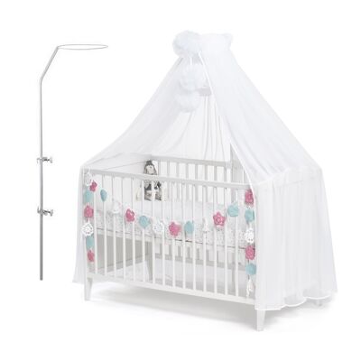 Ciel de lit bébé en moustiquaire, voile Blanc avec liseré Blanc et décoration Pompons en Blanc. Livré avec support d'installation.