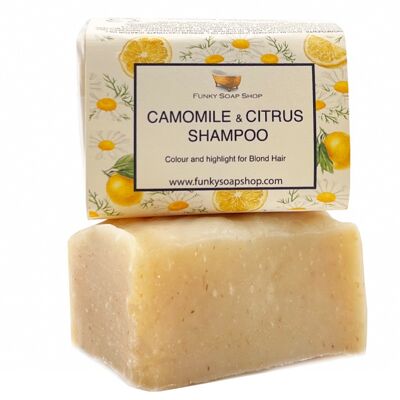 Barre de shampooing solide à la camomille et aux agrumes pour cheveux blonds, naturelle et faite à la main, env. 120g