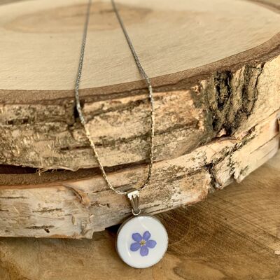 Myosotis dried flower necklace, silver circle white background