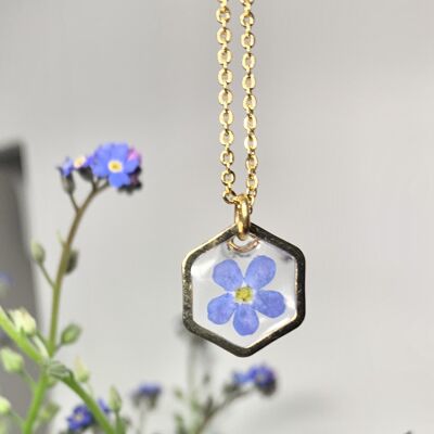 Collier fleur séchée Myosotis résine, pendentif hexagone doré