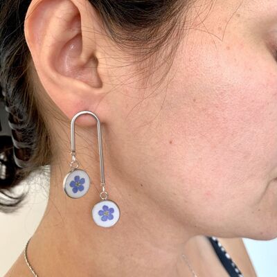 Resin Myosotis dried flower earrings, silvery white background circles
